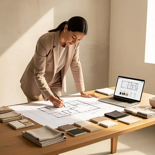 Interior design consultant reviewing architectural plans on a wooden table, warm natural light, neutral tones, minimalist contemporary setting, professional atmosphere, high resolution editorial photography

