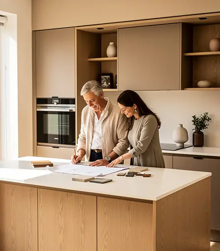 Interior design consultant explaining a layout to a client in a warm contemporary kitchen setting, soft natural light, neutral beige and wood tones, authentic interaction, minimalist background, high resolution editorial interior photography
