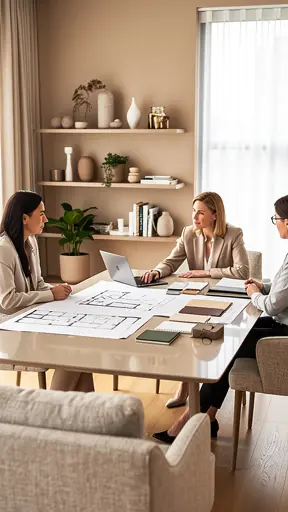 Interior design expert discussing a project with clients around a table, modern and elegant interior background, warm neutral tones, natural light, professional and authentic atmosphere, high resolution editorial photography
