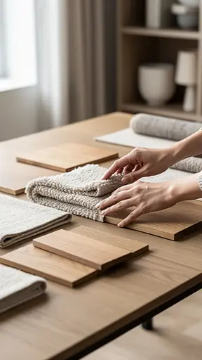 Close-up of hands touching fabric and wood material samples in a modern interior design studio, soft natural light, beige and oak color palette, refined textures, high resolution editorial style
