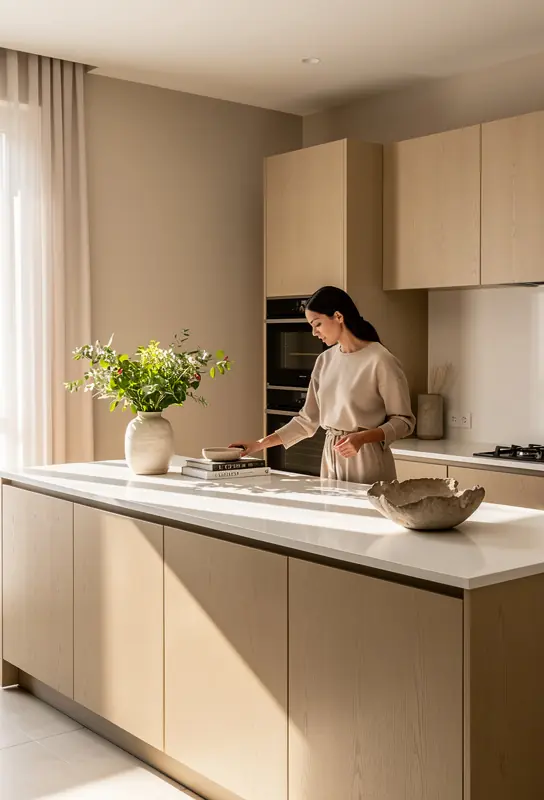 Modern contemporary kitchen interior with a woman standing and adjusting decorative elements on a countertop, soft natural window light, neutral beige and light wood tones, minimalist cabinetry, calm and refined atmosphere, high resolution editorial interior photography
