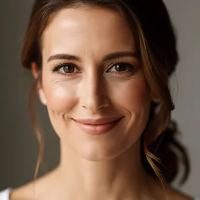 Close-up portrait of a French woman in her late 30s, friendly smile, natural makeup, neutral background, soft diffused light, modern editorial headshot, high resolution, shallow depth of field
