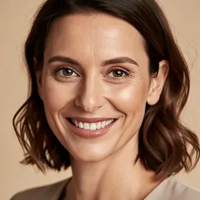 Close-up portrait of a French woman in her mid 30s, warm and authentic smile, neutral background, soft studio lighting, clean editorial headshot, high resolution, shallow depth of field

