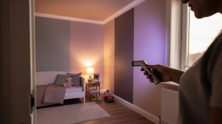 Chambre de fille avec alternance des couleurs murs et plafond, test à la lampe UV