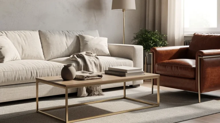 Salon élégant en lin, cuir et laiton, composition harmonieuse et durable au style chaleureux