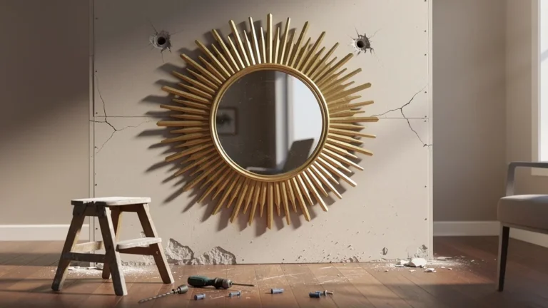 Miroir soleil trop grand sur mur creux avec chevilles cassées, image illustrant un problème de fixation.