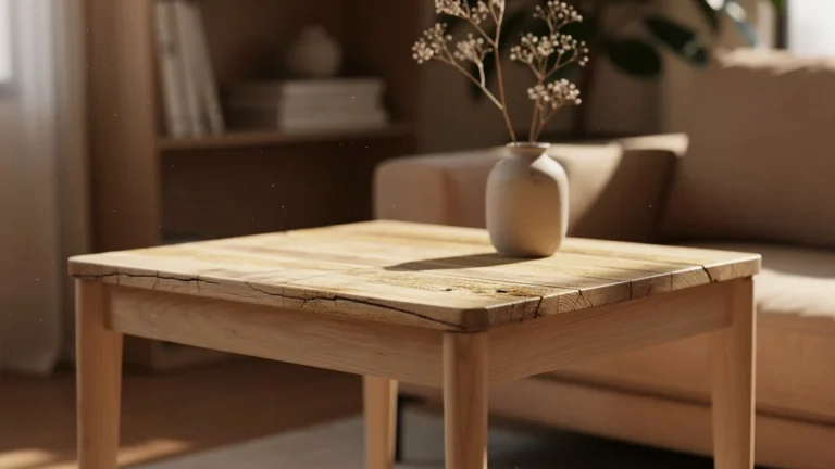 Photo réaliste d'un meuble en bois clair non traité vieillissant naturellement en intérieur