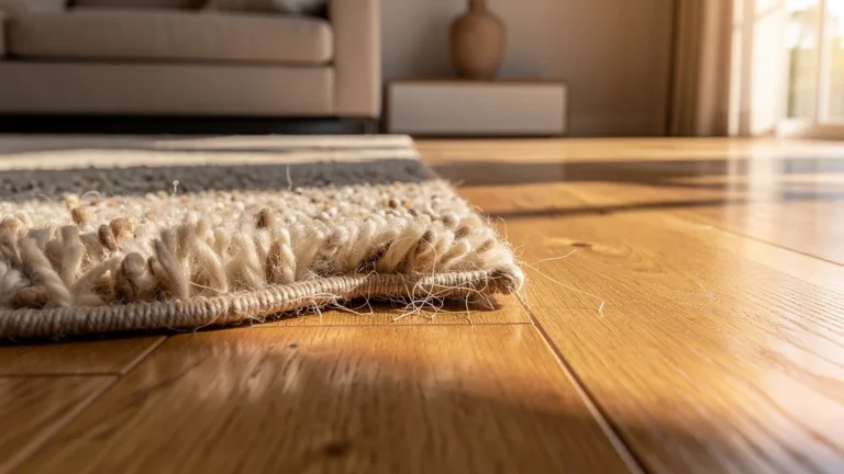 Tapis en laine naturelle sur parquet neuf, fibres fixées au bois après 2 mois