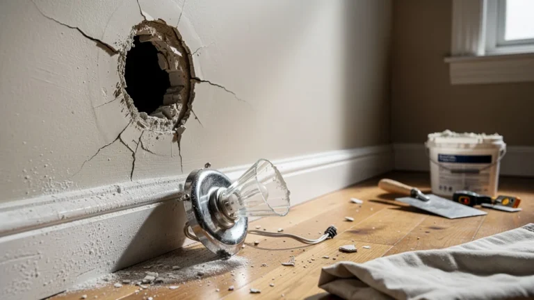 Applique tombée du placo sans boîte d'encastrement, mur abîmé et plâtrage à 120 €
