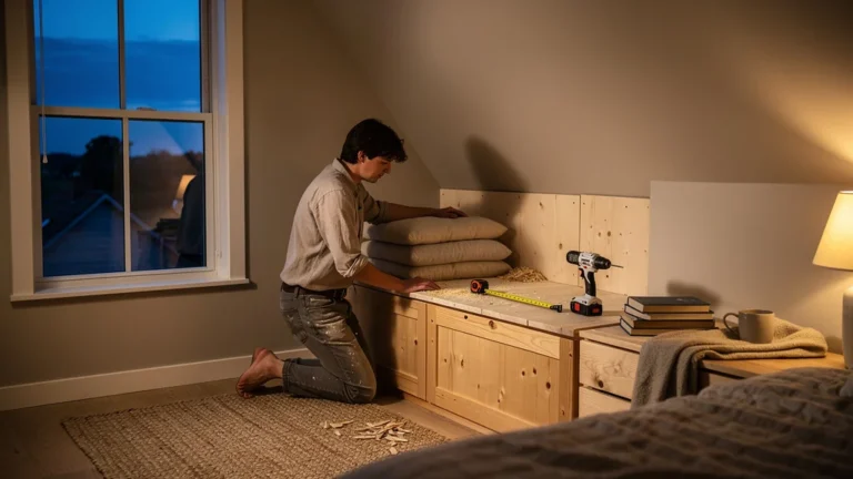 Alcôve lecture dans une chambre avec banquette DIY, ambiance refuge cosy et lumineux