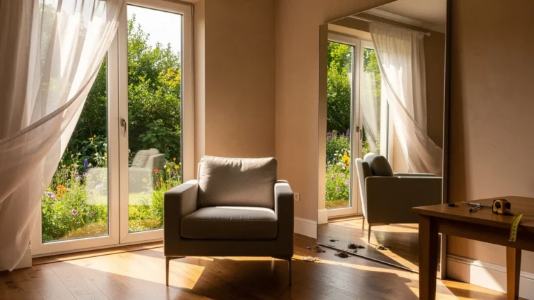 Pièce lumineuse avec grand miroir face à la fenêtre agrandissant visuellement l'espace moderne