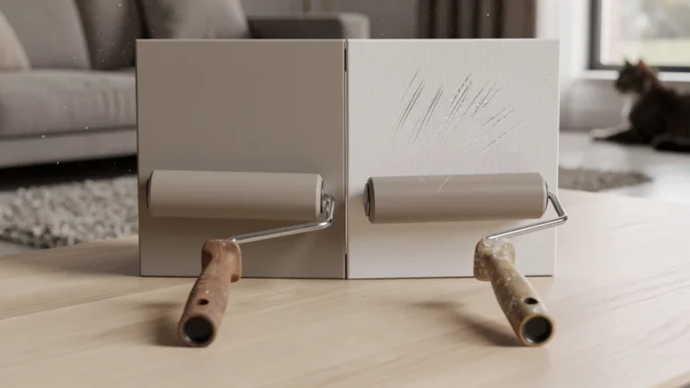 Deux rouleaux laque mats sur façade de meuble, comparaison du test face aux chats