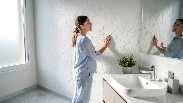 Salle de bain rénovée avec peinture à la chaux blanche, texture mate et ambiance lumineuse naturelle