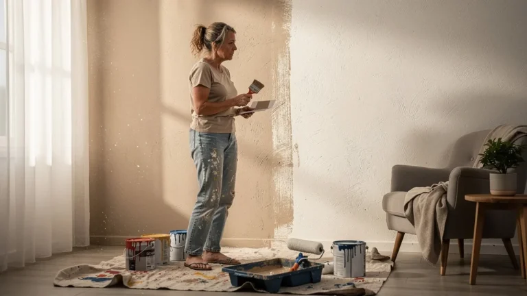 Femme frustrée devant mur avec deux teintes de peinture différentes non testées au mur, erreur de peinture