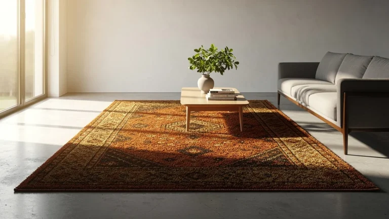 Salon froid et impersonnel transformé par un tapis chaleureux sauvant l'ambiance de la pièce