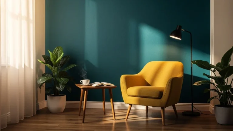 Salon transformé par un mur peint en bleu profond changeant toute l'ambiance de la pièce