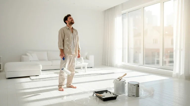 Intérieur moderne repeint en blanc, lumière naturelle amplifiée révélant l'impact de la peinture blanche