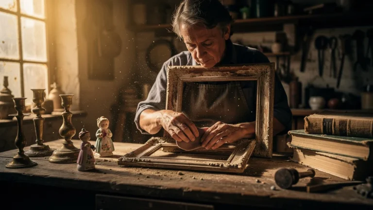 Personne ponçant un vieux cadre en bois dans un atelier chaleureux, symbolisant la beauté des objets de brocante