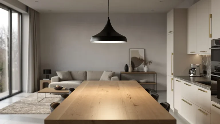 Suspension simple dans une cuisine ouverte moderne, éclairage design pour article SEO