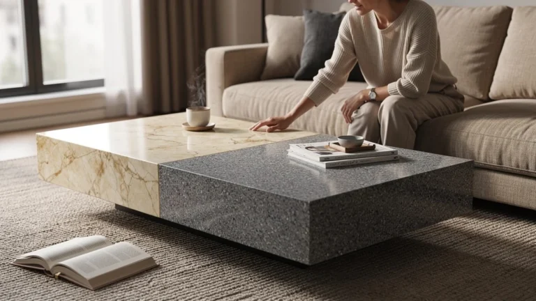 Table basse en marbre ou granit dans un salon chaleureux, comparaison réaliste après deux ans