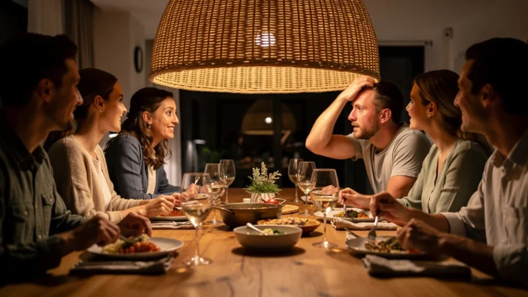 Abat-jour en rotin trop bas au-dessus de la table à manger lors d’un dîner à six