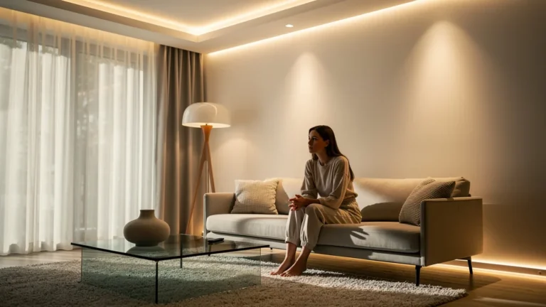 Avis éclairage indirect après remplacement plafonniers dans un salon moderne et lumineux