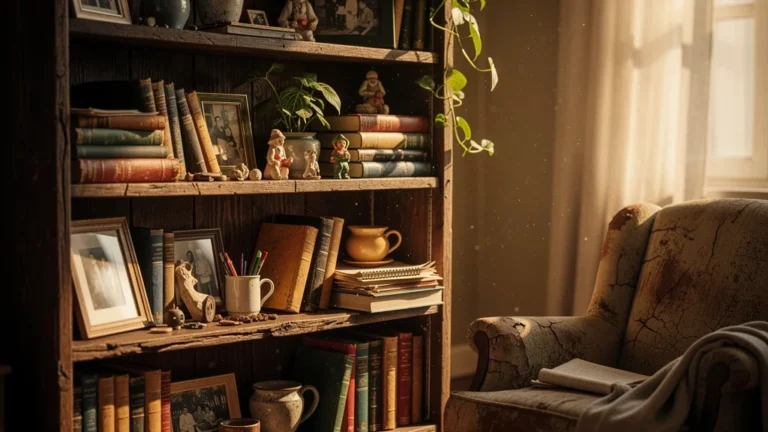 Étagères ouvertes surchargées de livres et objets dans un intérieur chaleureux et désordonné