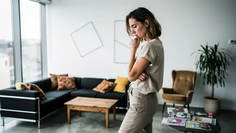 Regret déco : femme face à un salon tendance, préférant instinct vintage et ambiance chaleureuse