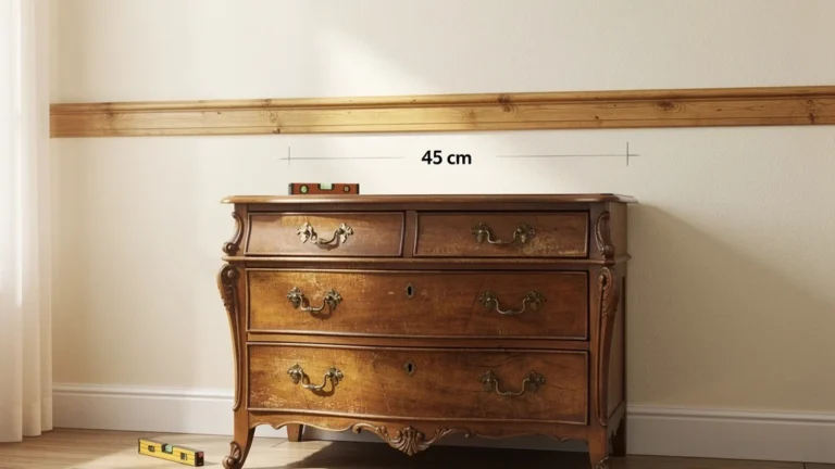 Cimaise bois installée à 45 cm au-dessus d’une commode ancienne, avec cotes respectées