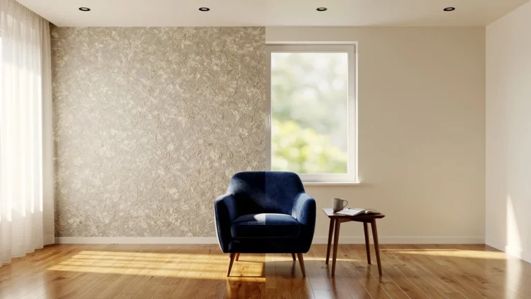 Comparaison ultra-réaliste entre papier peint texturé et peinture mate dans un salon moderne