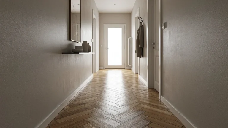 Couloir étroit avec parquet à l'anglaise en bâtons rompus, illustration d'un avis déco réaliste