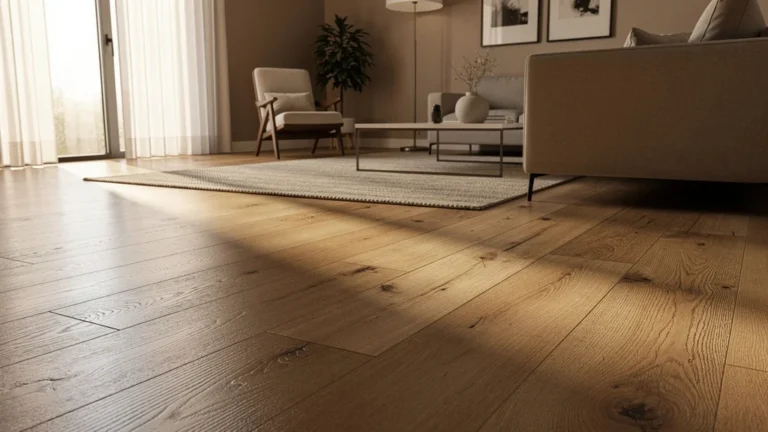 Salon 25 m² avec parquet flottant ou contrecollé, aspect réel après 4 ans d’usage