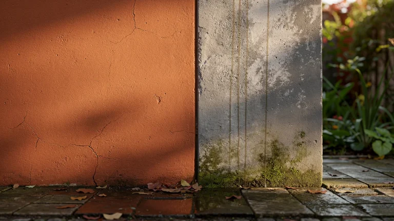 Mur terracotta durable contrasté avec mur gris verdâtre après un an, illustration tenue des couleurs