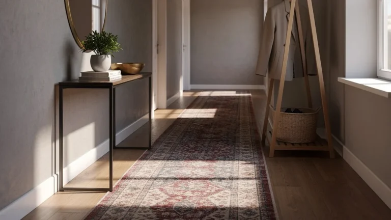 Entrée aménagée en espace d'accueil chaleureux avec tapis, console moderne et lumière naturelle