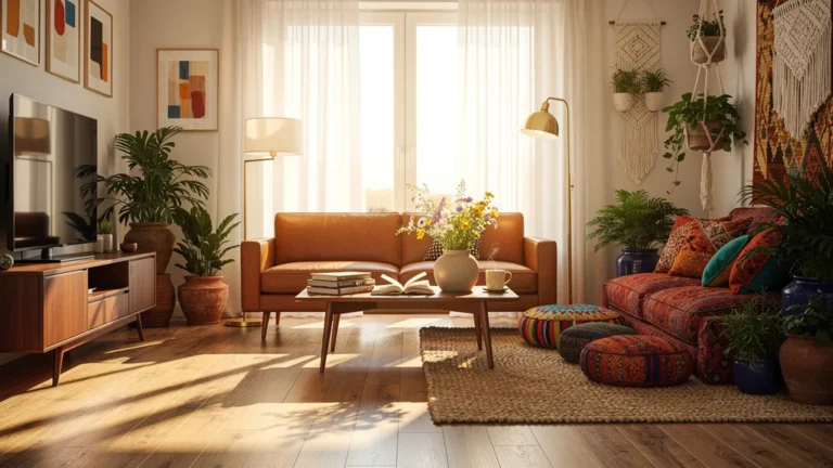 Salon fusionnant avec succès deux styles déco distincts alliant modernité et bohème chaleureux