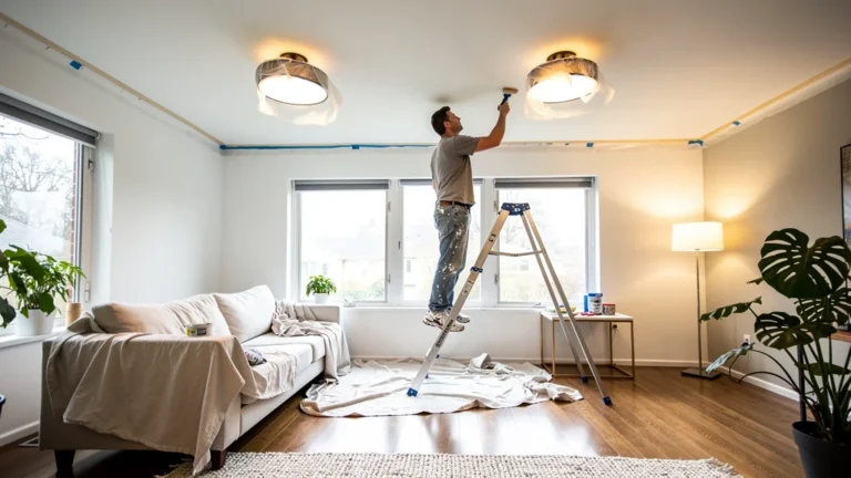 Plafond salon repeint sans démonter les luminaires, avec protection et découpage précis