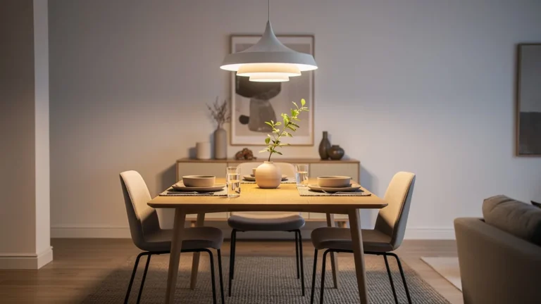 Salle à manger moderne avec table changée et suspension à 3 modes d’éclairage