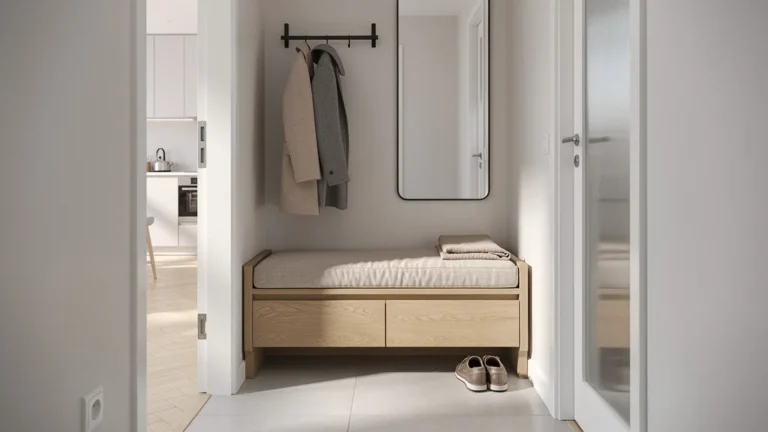 Entrée de 3 m² repensée avec banc avec rangement, profondeur optimisée et design fonctionnel