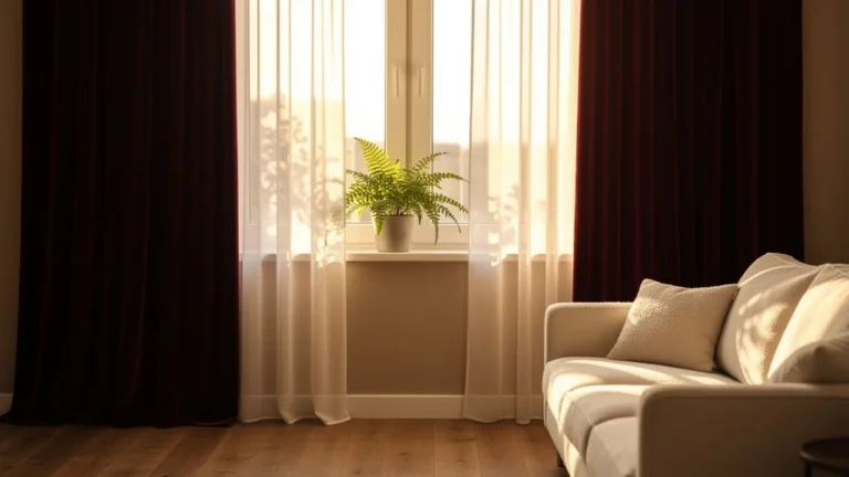 Intérieur chaleureux avec rideaux lourds et voilages diffusant une lumière naturelle douce et maîtrisée