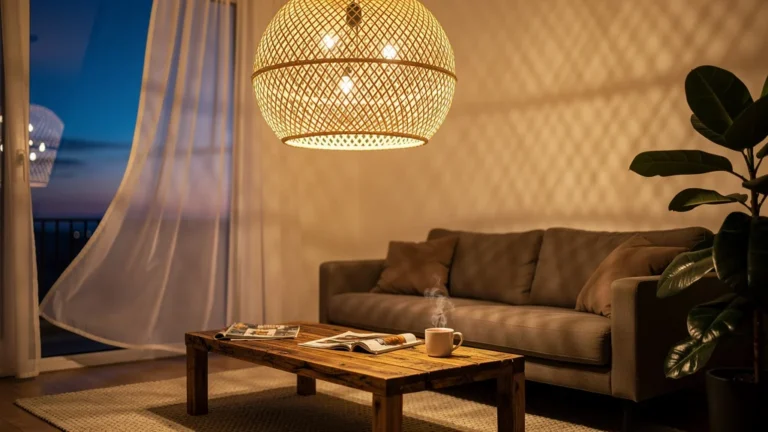 Luminaire en rotin avec ampoules LED créant une ambiance chaleureuse dans un salon le soir