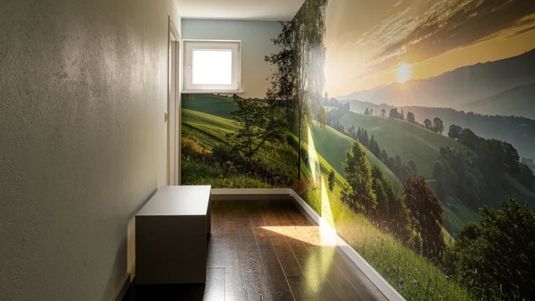 Test visuel d’un papier peint panoramique dans un couloir étroit avec effet d’agrandissement