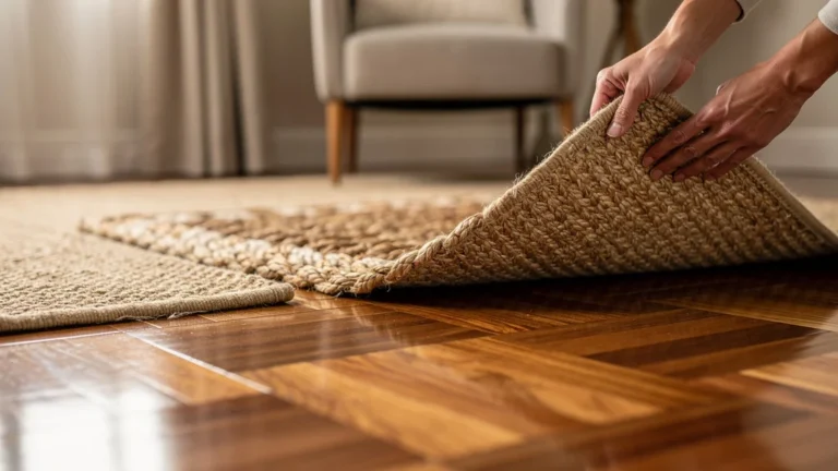 Trois tapis en fibre naturelle sur parquet ciré, test comparatif avec un tapis en jute sans griffe.