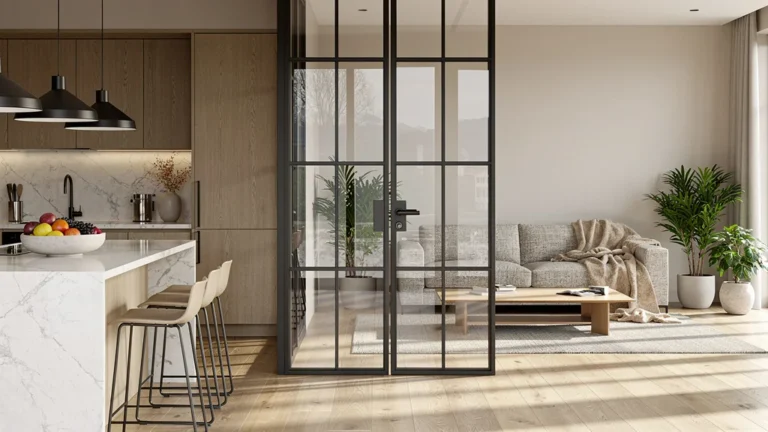 Verrière atelier ou porte vitrée pour séparer cuisine et salon dans un intérieur moderne et lumineux