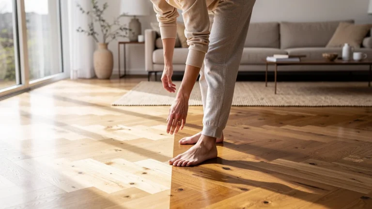 Parquet vivant pieds nus : comparaison vitrification ou cire nourrie dans un salon lumineux